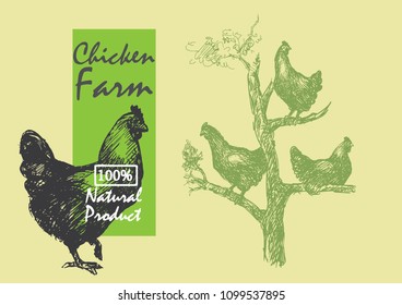 free-range hens,hen living in tree, products from chicken meat and eggs ,illustration hen,hand drawn chicken