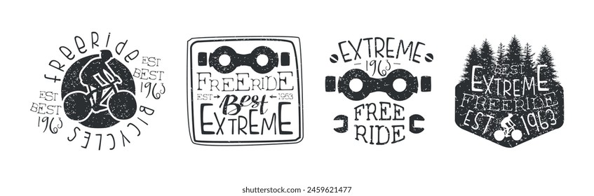 Freeride Bicycle Extreme Sport Vintage Label Vector Set