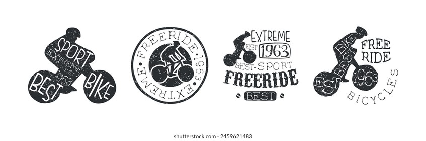 Freeride Bicycle Extreme Sport Vintage Label Vector Set