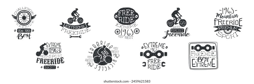 Freeride Bicycle Extreme Sport Vintage Label Vector Set