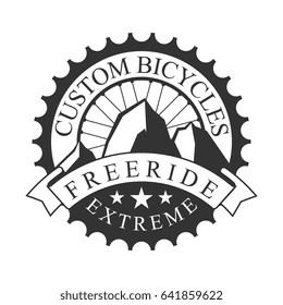 Freeride extreme custom bicycles vintage label. Black and white vector Illustration