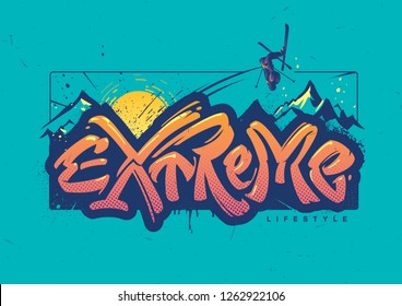 Freeride. Print for the ski resort. Lettering on topic extreme