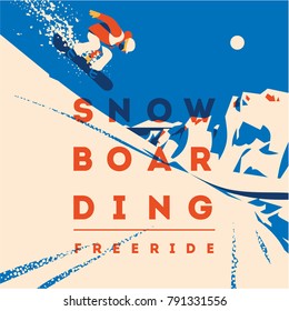 Freeride snowboarder in motion. Sport poster or emblem