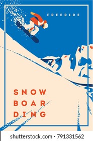 Freeride snowboarder in motion. Sport poster or emblem