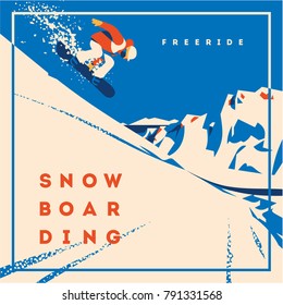 Freeride snowboarder in motion. Sport poster or emblem