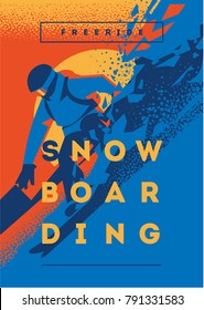 El snowboarder freeride en movimiento. Afiche o emblema deportivo