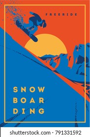 El snowboarder freeride en movimiento. Afiche o emblema deportivo