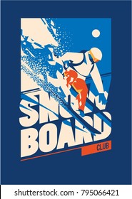 El snowboarder freeride en movimiento. Afiche o emblema deportivo