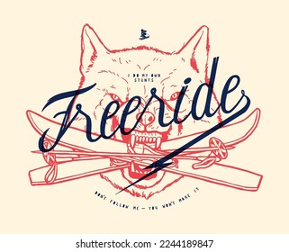 Freeride wolf. Wolf holding skis in it's teeth. Winter sports vintage typography t-shirt print vector illustration.