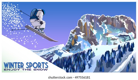 Freerider on the slope of the mountain. Handmade drawing vector illustration.