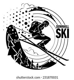 Free-rider is skiing downhill along fir trees. Vector illustration.