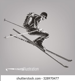 Freerider is skiing. Vector artwork in the style of ink drawing