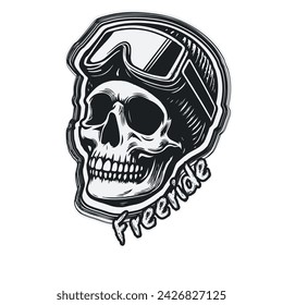 Freerider Skull in ski mask Unleashed T-shirt print. Extreme sports concept