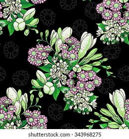 Freesia and chrysanthemum  bouquet on dark background seamless vector pattern. Hand drawn vintage floral pattern.