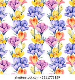 Freesia flower seamless watercolor style pattern for textile print. Multicolored freesia garden flowers summer vivid pattern