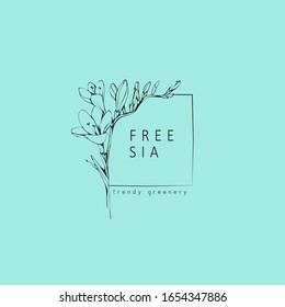 Freesia flowers logo and branch. Hand drawn wedding herb, plant and monogram with elegant leaves for invitation save the date card design. Botanical rustic trendy greenery vector illustration