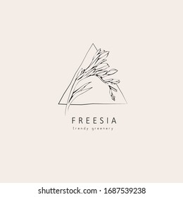Freesia flowers logo and branch. Hand drawn wedding herb, plant and monogram with elegant leaves for invitation save the date card design. Botanical rustic trendy greenery vector illustration