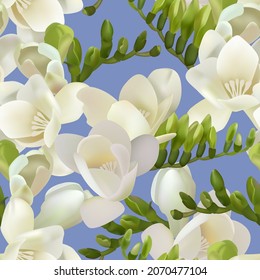 Freesia flowers pattern. Seamless spring pattern. Vector flowers. White flowers. Template for printing on fabric. Summer pattern