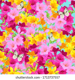 Patrón de flores de Freesia. Flores vectoriales. Patrón para impresión en tela. Mariposas en las flores. Patrón de verano