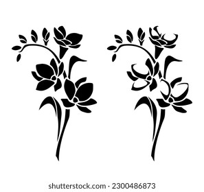 Freesia Blumen. Satz schwarzer Silhouetten von Freesie einzeln auf weißem Hintergrund. Vektorgrafik