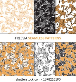 Freesia flowers, set of six seamless patterns. Hand drawn line art can be used as background, interior fabric print, surface texture, wrapping paper and wallpaper. Great for fashion collections.
