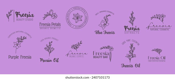 Minimales Freesia Logo. Naturkosmetik, Öl- und Schönheitssymbole mit Freesia-Blumen, Epitomisierende Eleganz und Schönheit, die natürliche Gnade und Reiz einfangen, einzelne Vektorgrafik auf lila Hintergrund