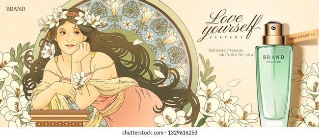 Freesia perfume ads with mucha style goddess holding flowers