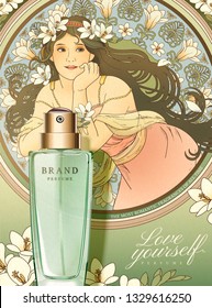 Freesia perfume poster ads with mucha style goddess holding flowers