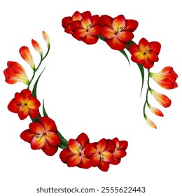 Freesia, Red and yellow Freesia, on white background, Watercolor floral frame freesia,