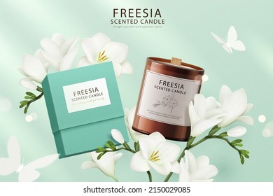 Freesia scented candle ad in 3d illustration. Perfumed candle package and product displayed among freesia flowers with white butterfly flying around.