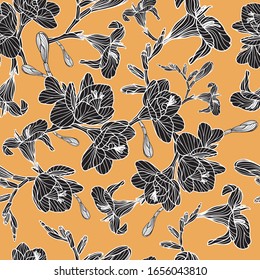 Vektorillustration Muster mit blühenden Blumen ist leicht zu drucken, da die 3 Farben weiß, schwarz und orange sind. Ideal für Sommertextilien und Accessoires, Kleider und Schals.