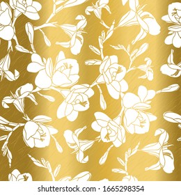 Freesia seamless vector pattern. Hand Drawn gold flower texture great for spring, summer, and fall wallpaper, backgrounds, wedding invitations, packaging design projects.