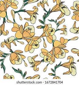 Freesia seamless vector pattern. Hand drawn delicate flowers in yellow, orange and green on white background. Great for wallpaper, curtains, upholstery, wrapping paper, carpet décor and fashion.