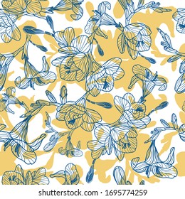 Freesia seamless vector pattern. Hand drawn floral pattern in blue and mustard yellow. Great for modern wallpaper, backgrounds, interior decorative materials and fashion fabrics.