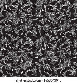 Freesia seamless vector pattern. Lace like intricate white flowers on a black background. Very elegant and delicate seamless vector pattern suitable for fashion and interiors.