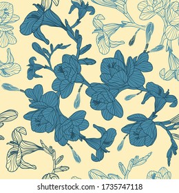 Freesia seamless vector pattern. Modern hand drawn floral pattern in blue and cream colours. Great for classic wallpaper, backgrounds, interior decorative materials and fashion fabrics.