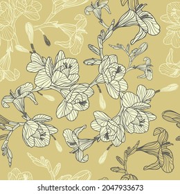 Freesia seamless vector pattern. Modern hand drawn floral pattern in autumn colour combination. Great for classic wallpaper, backgrounds, interior decorative materials and fashion fabrics.