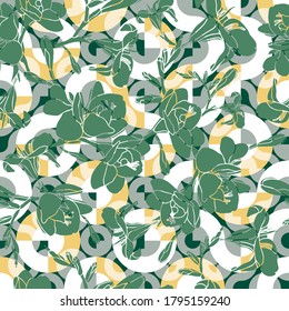 Freesia seamless vector pattern on tiled abstract geometric background. Modern hand drawn floral pattern great for classic wallpaper, backgrounds, interior decorative materials and fashion fabrics.