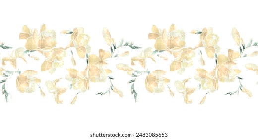 Freesia seamless vector pattern in shades of orange and green on white background. Seamless  geometric  vector Border with graphic illustration texture for wallpaper, home decor and fashion.