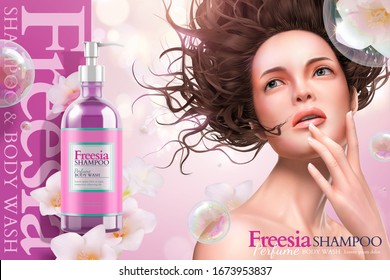 Freesia shampoo ads with soap bubbles effect and flowy hair woman looking up at the sky, 3d illustration