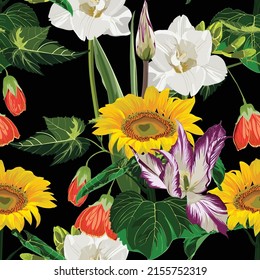 Freesia, tulips, sunflowers flowers pattern on black background. Seamless spring pattern. Template for printing on fabric. Summer pattern.