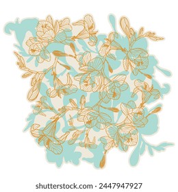 Freesia vector pattern. Hand drawn floral pattern in Bath Salt Green and Goldenrod Orange on Vintage White. Great for T-shirt prints, home decor, fashion fabrics, greeting cards and stationery.