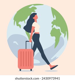 Free-spirited woman dressed as a traveler with her suitcase exploring the world, empowered conquering the world, traveling around the globe.