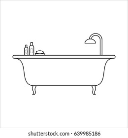 Freestanding bath with beauty products, home furniture lineart design, hand drawn sketch of single object, interior concept, vector illustration on white background