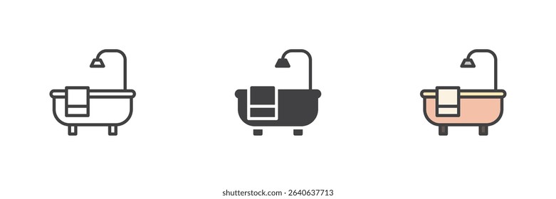 Freestanding bathtub with faucet icon in line, solid, and filled outline styles. Bathroom soaking hygiene vector symbol icon set.