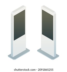Freestanding information kiosk, terminal, stand. Isometric flat, vector