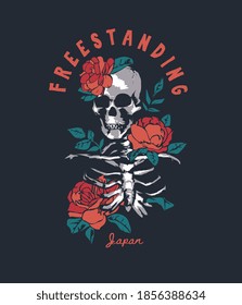 freestanding slogan with skeleton and red roses on black background