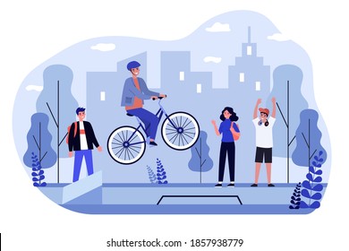 Freestyle bike riding. Cheerful guy in helmet jumping with his bicycle flat vector illustration. Extreme sport, activity, bike show concept for banner, website design or landing web page