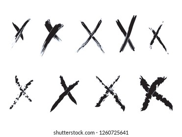 Freestyle black grunge check marks vector set. Rejection cross sign icons collection. Red check marks X vector illustration