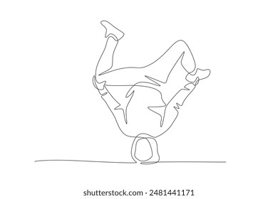 Freestyle break dancers rotate their bodies with their heads. Break dancing concept one-line drawing